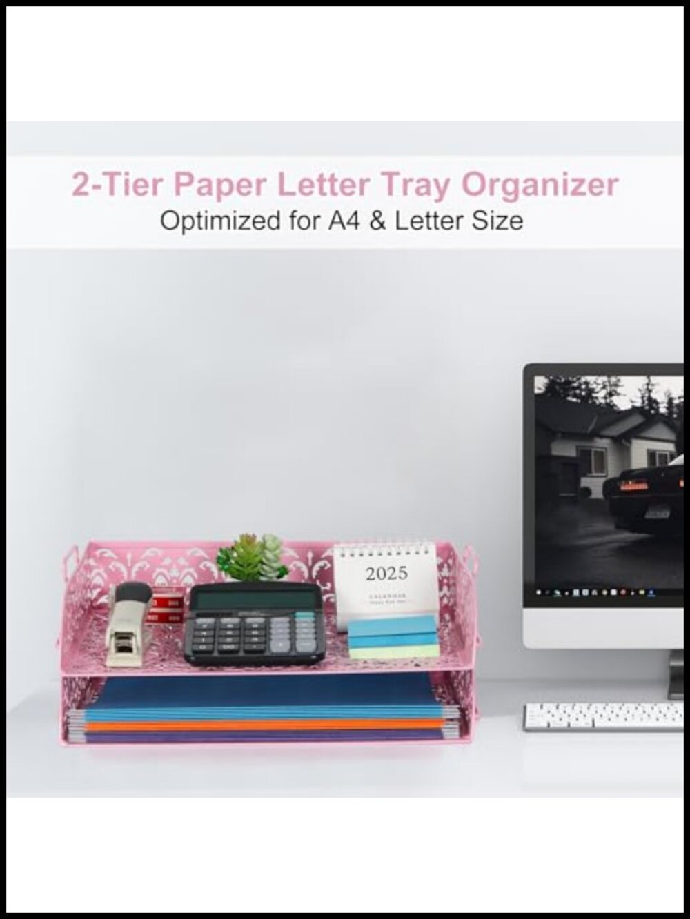 2 Tier Stackable Metal Paper Tray Desk Organizer File Storage - Picture 3 of 6
